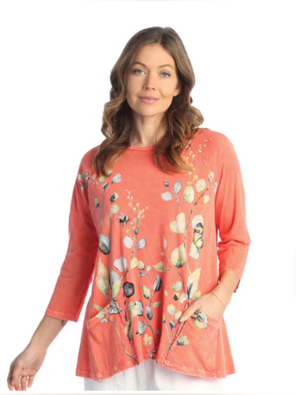 Jess and Jane Women's Coral Floral Tie-Pocket Relaxed Fit Tunic Top